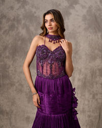 Twamev Women Purple Satin Bead Embroidered Corset Mermaid Lehenga