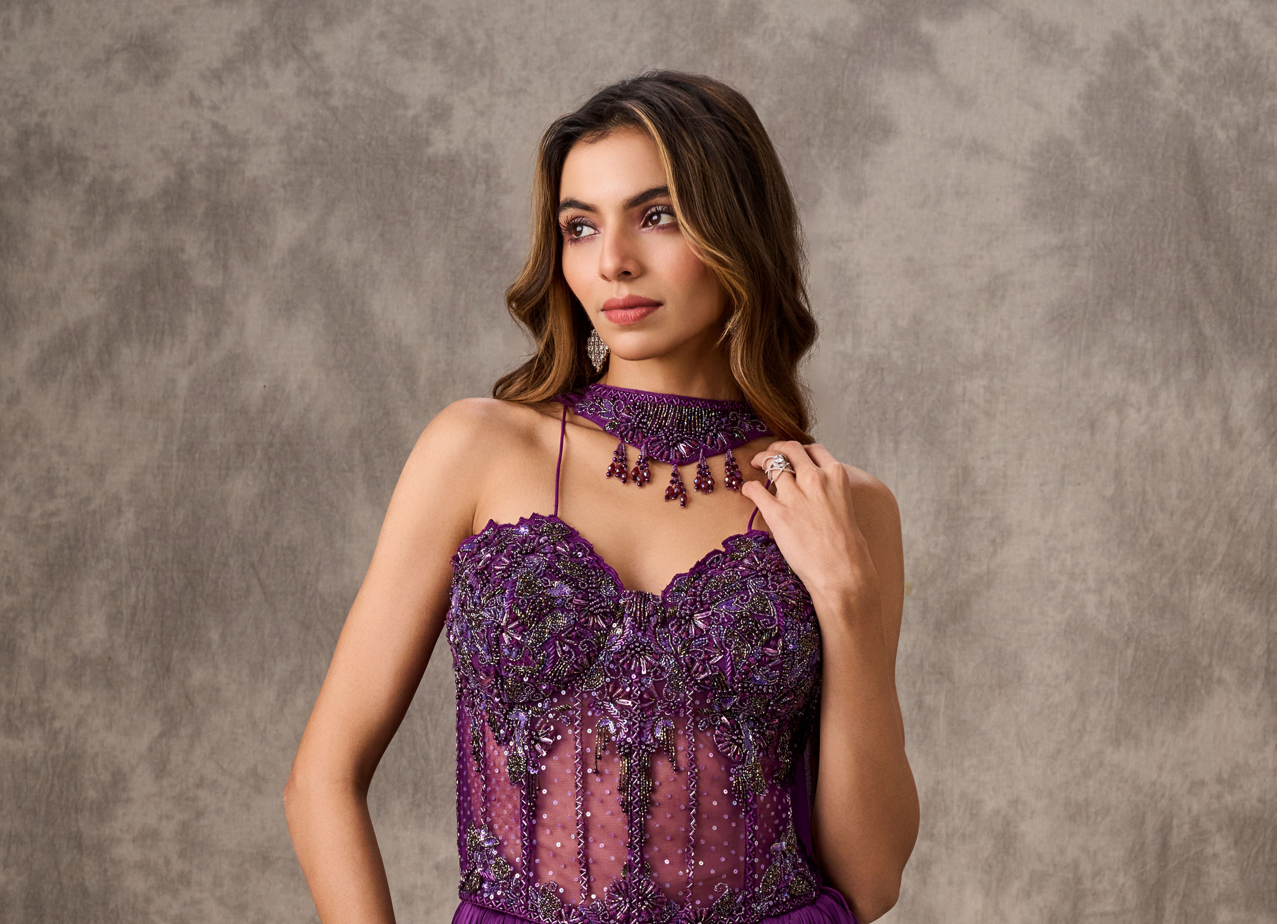 Twamev Women Purple Satin Bead Embroidered Corset Mermaid Lehenga