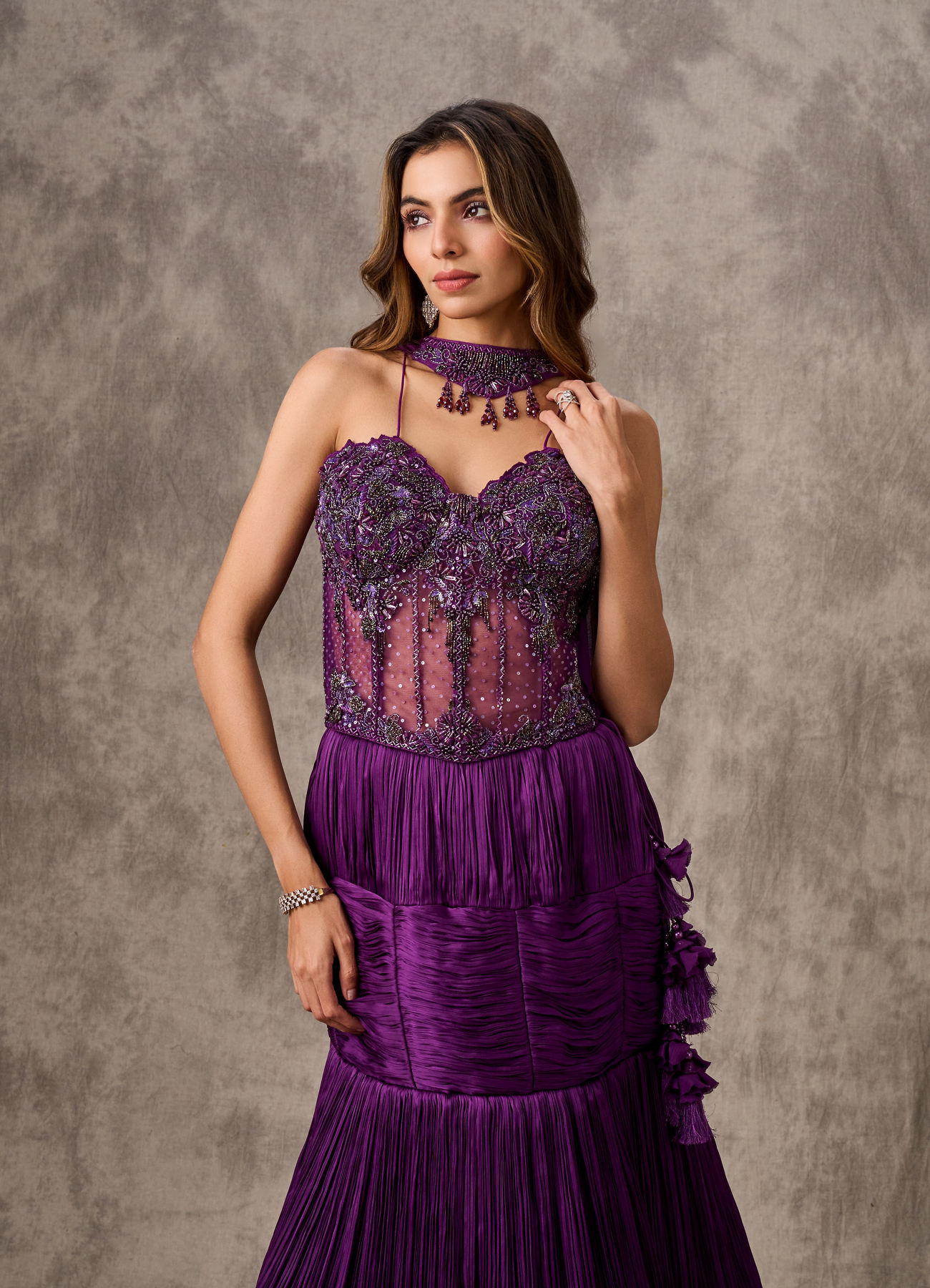 Twamev Women Purple Satin Bead Embroidered Corset Mermaid Lehenga