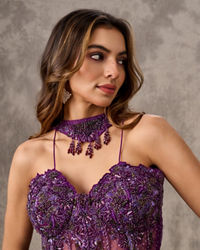 Twamev Women Purple Satin Bead Embroidered Corset Mermaid Lehenga