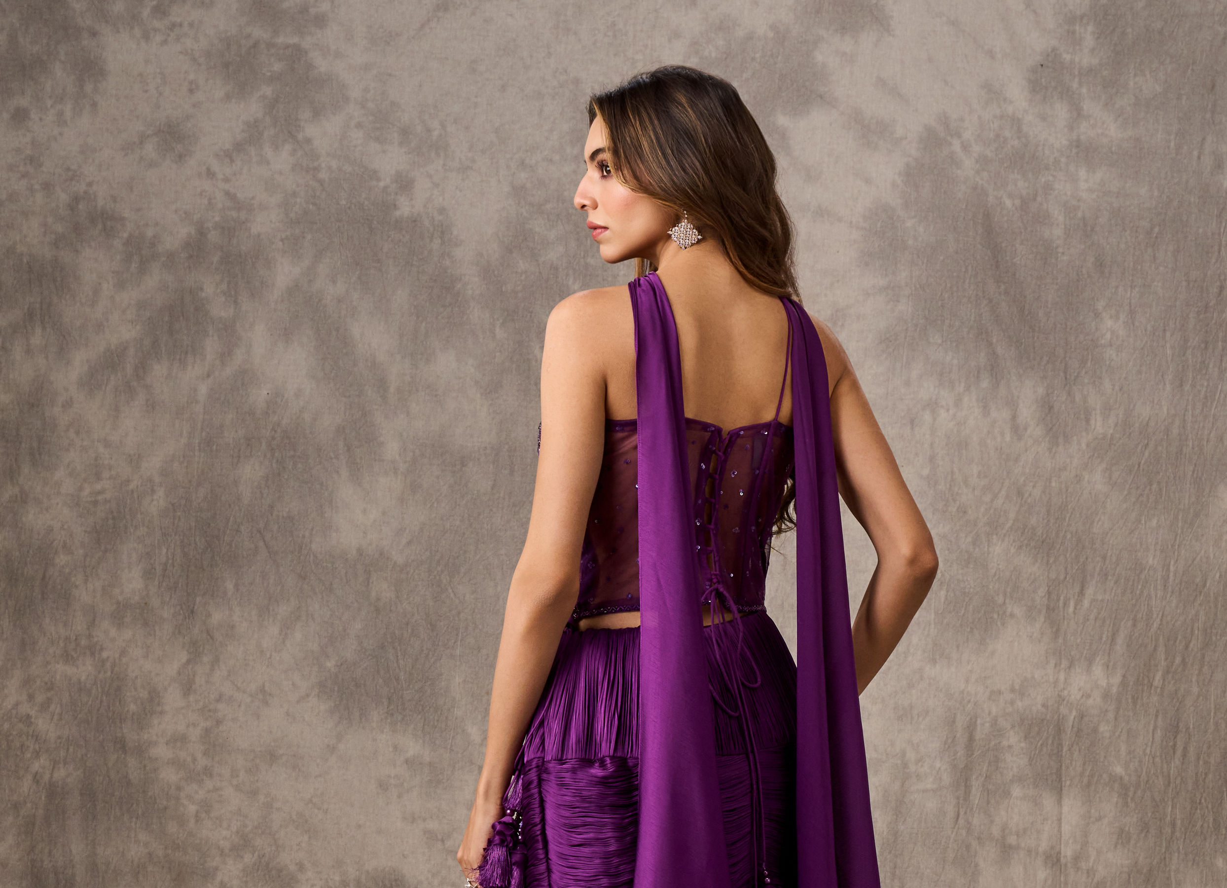 Twamev Women Purple Satin Bead Embroidered Corset Mermaid Lehenga