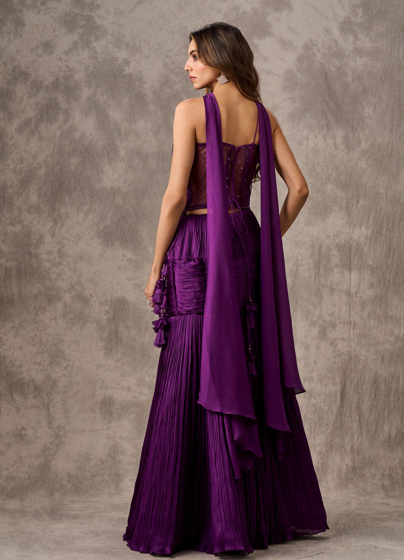 Twamev Women Purple Satin Bead Embroidered Corset Mermaid Lehenga