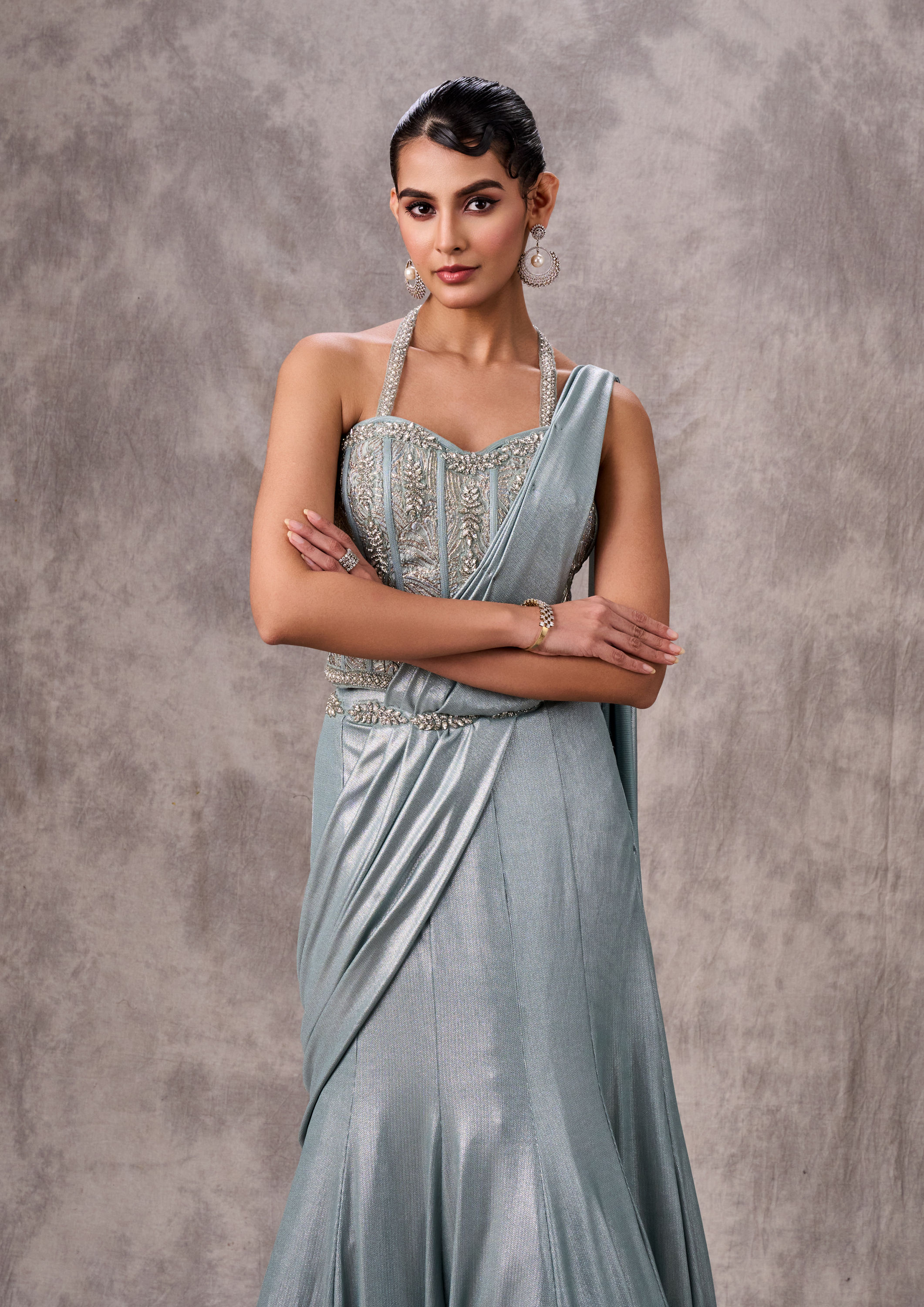 Twamev Women Twinkling Light Blue Satin Lehenga