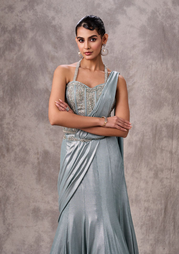 Twamev Women Twinkling Light Blue Satin Lehenga