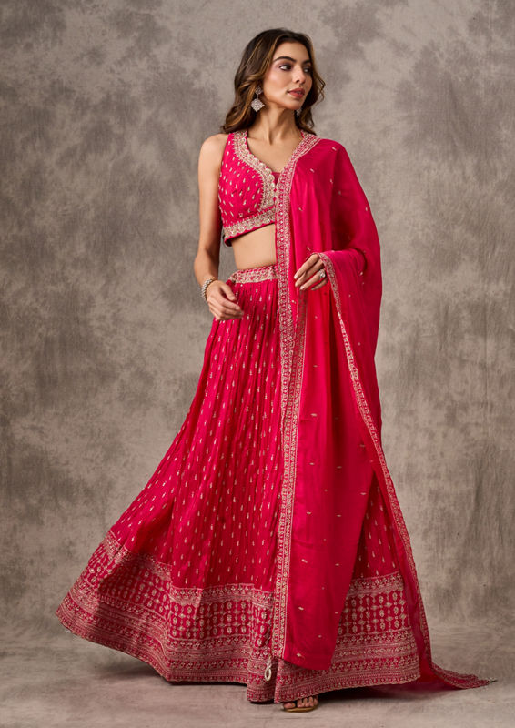 Twamev Women Rani Pink Georgette Sequin Embroidered Lehenga