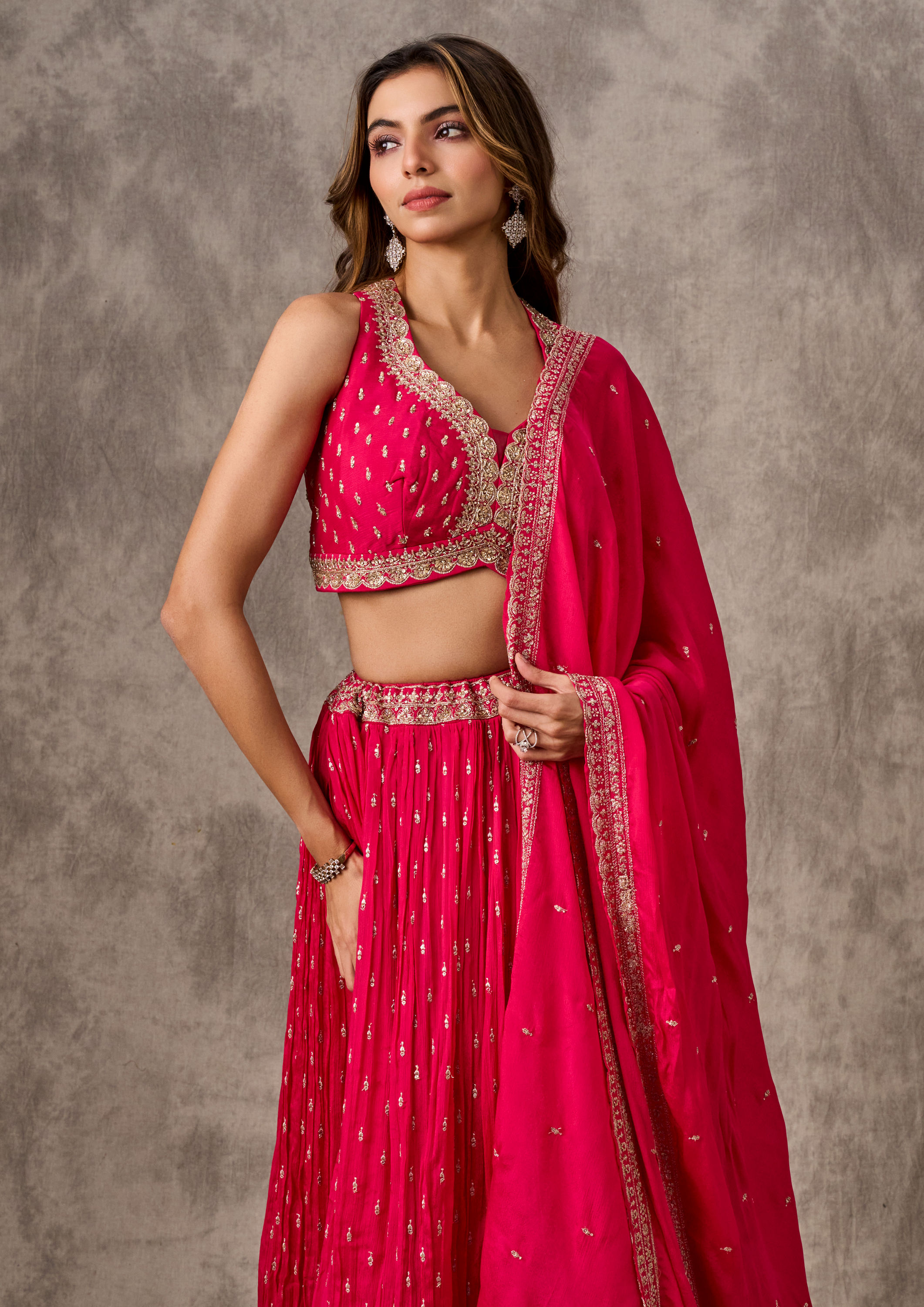 Twamev Women Rani Pink Georgette Sequin Embroidered Lehenga