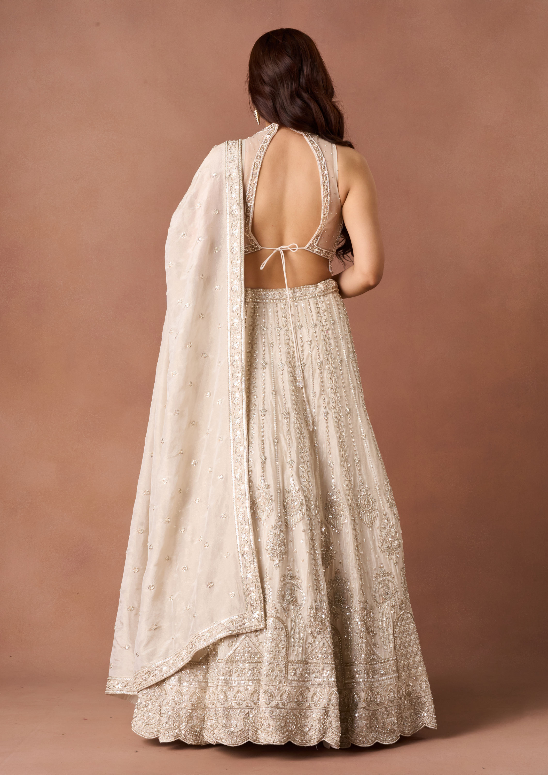 Twamev Women Cream Beaded Texture Lehenga