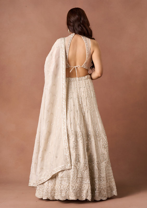 Twamev Women Cream Beaded Texture Lehenga
