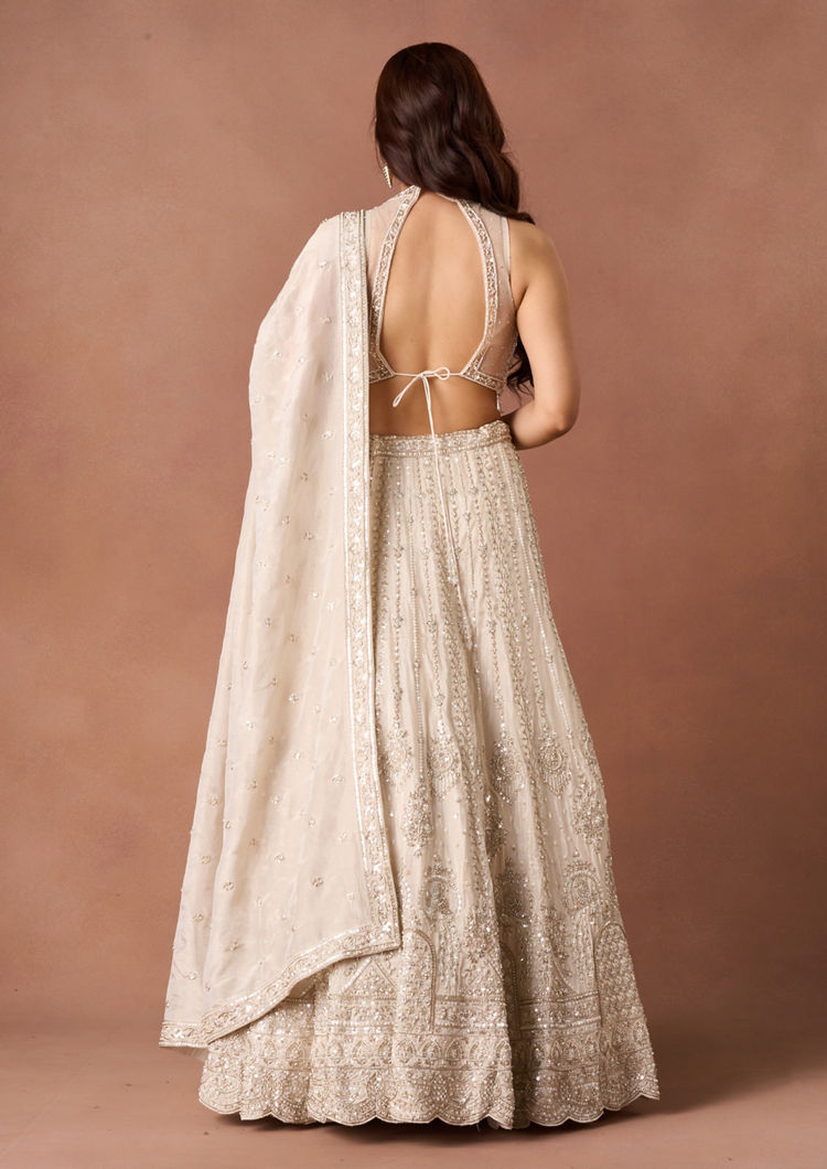 Twamev Women Cream Beaded Texture Lehenga