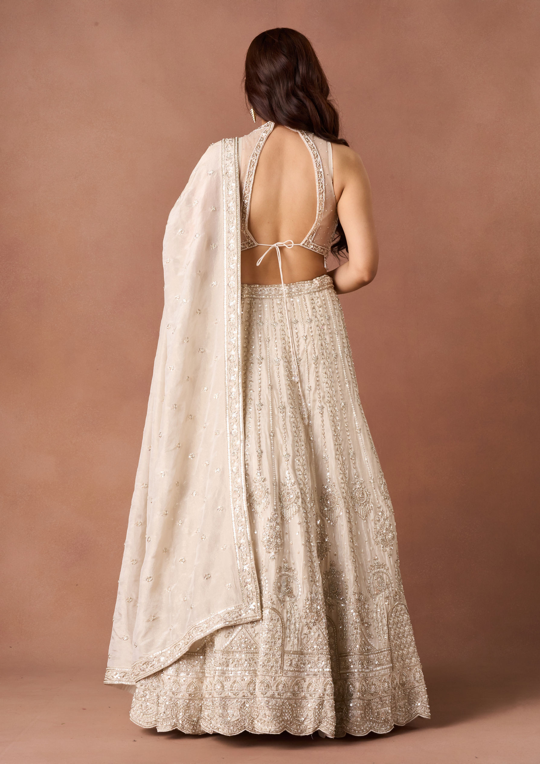Twamev Women Cream Beaded Texture Lehenga