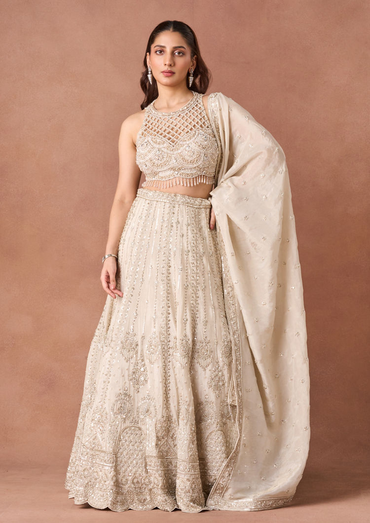 Twamev Women Cream Beaded Texture Lehenga