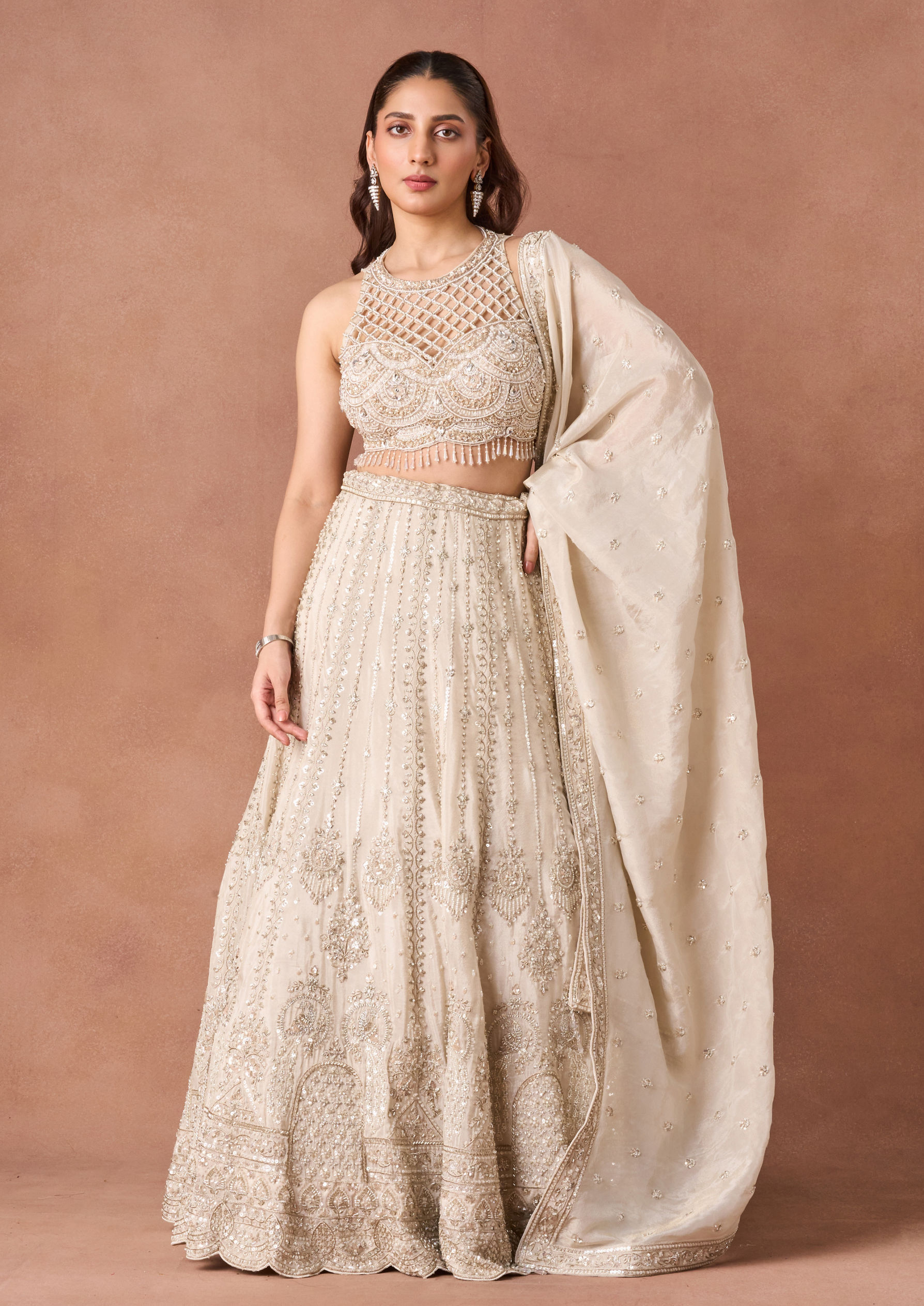 Twamev Women Cream Beaded Texture Lehenga