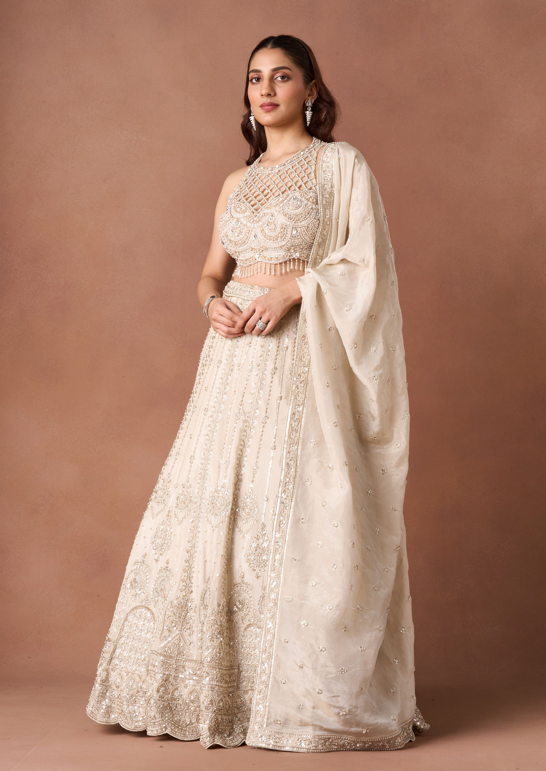 Twamev Women Cream Beaded Texture Lehenga