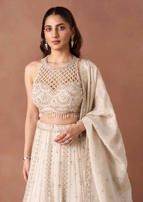 Twamev Women Cream Beaded Texture Lehenga
