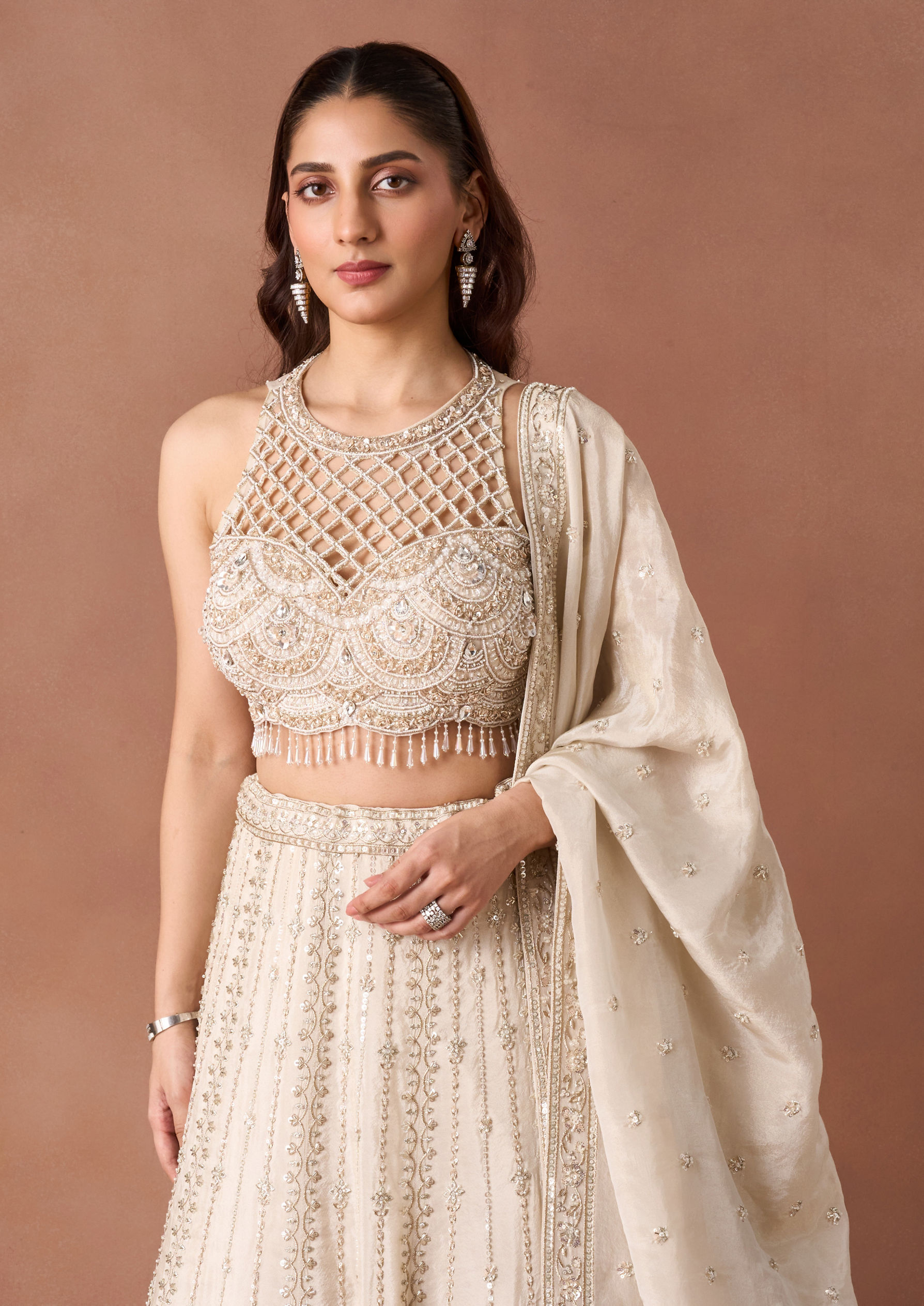 Twamev Women Cream Beaded Texture Lehenga