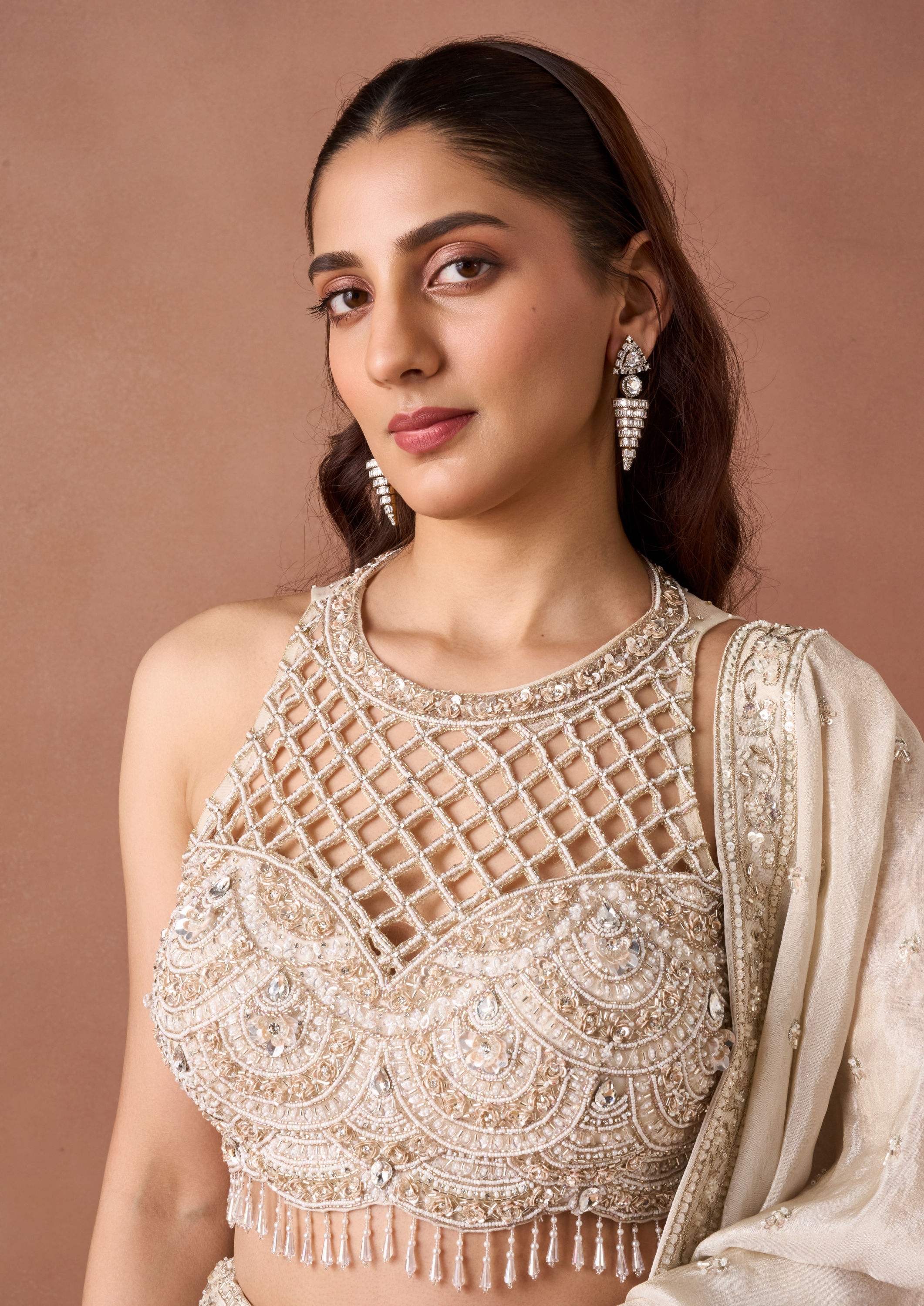 Twamev Women Cream Beaded Texture Lehenga