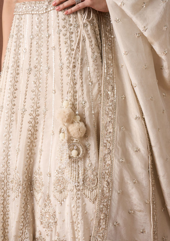 Twamev Women Cream Beaded Texture Lehenga