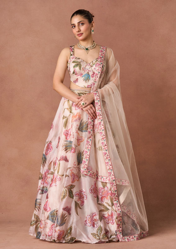Twamev Women Cream Art Silk Lehenga Set