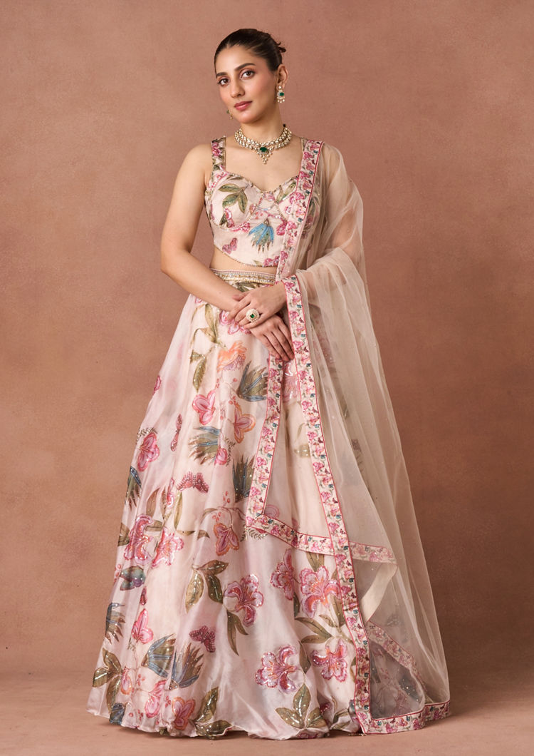 Twamev Women Cream Art Silk Lehenga Set