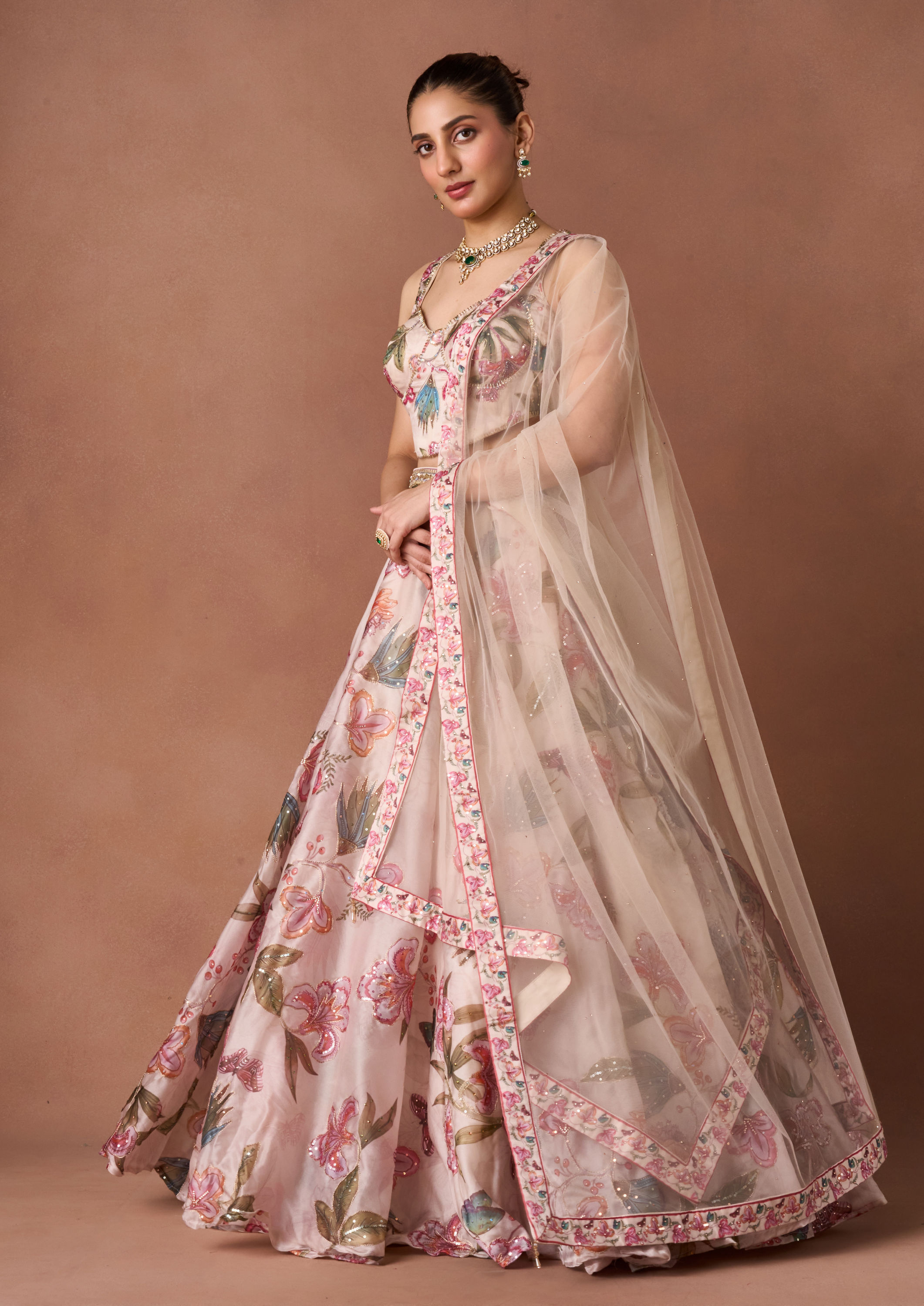 Twamev Women Cream Art Silk Lehenga Set
