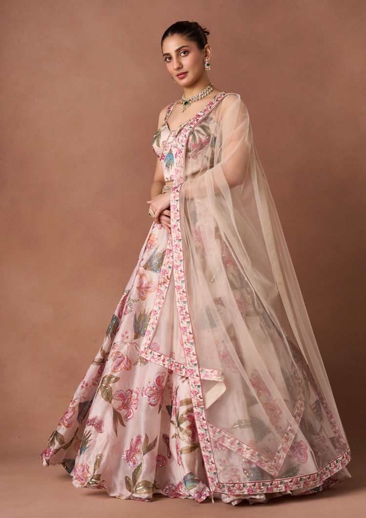 Twamev Women Cream Art Silk Lehenga Set
