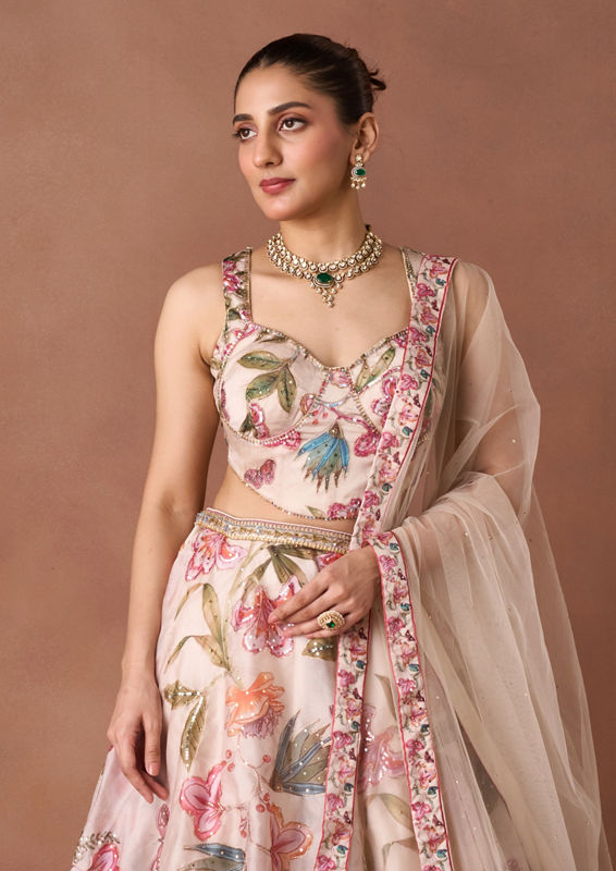 Twamev Women Cream Art Silk Lehenga Set