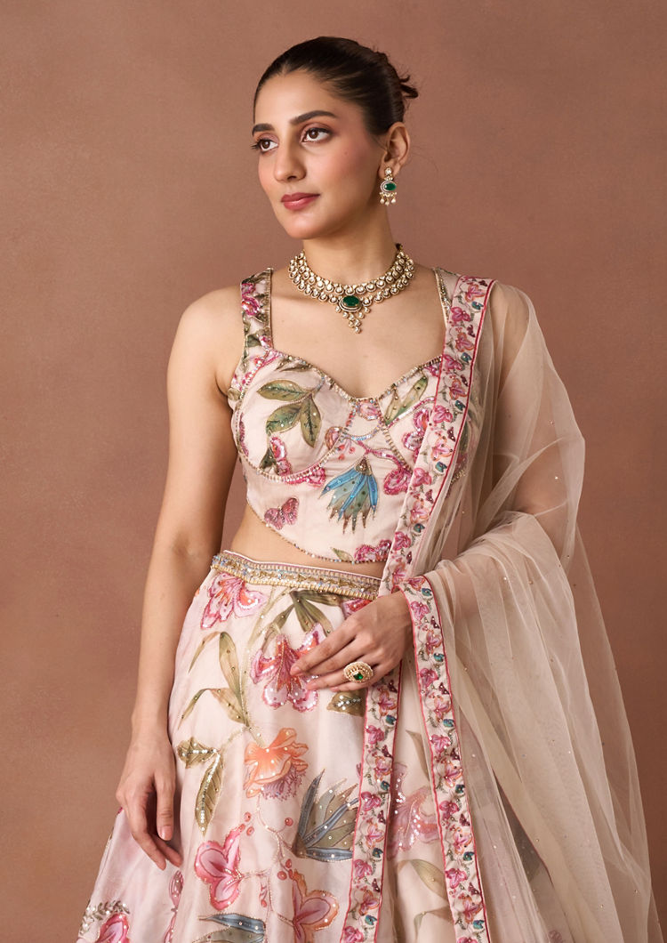 Twamev Women Cream Art Silk Lehenga Set