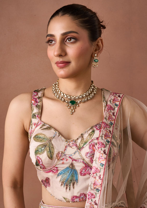 Twamev Women Cream Art Silk Lehenga Set