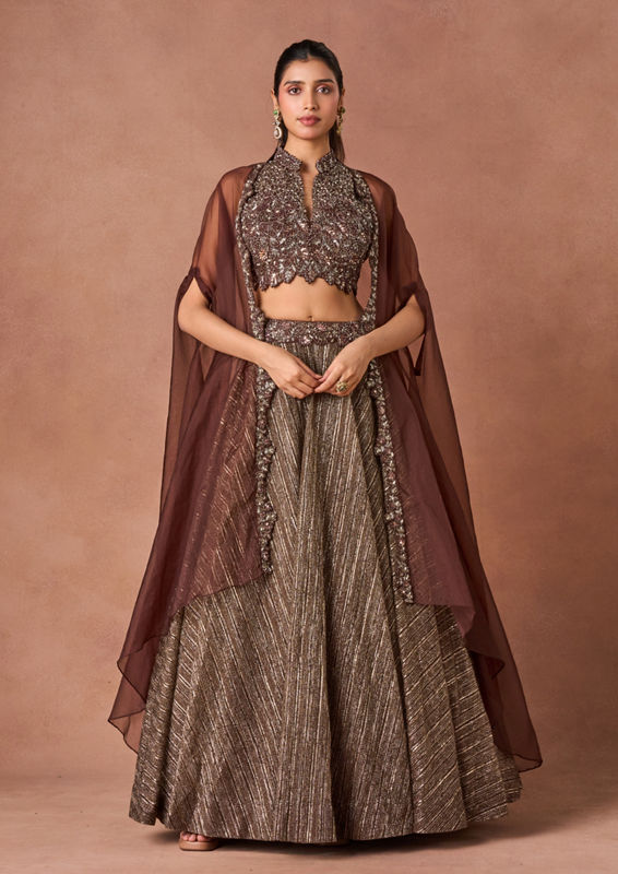 Twamev Women Brown Art Silk Lehenga Set