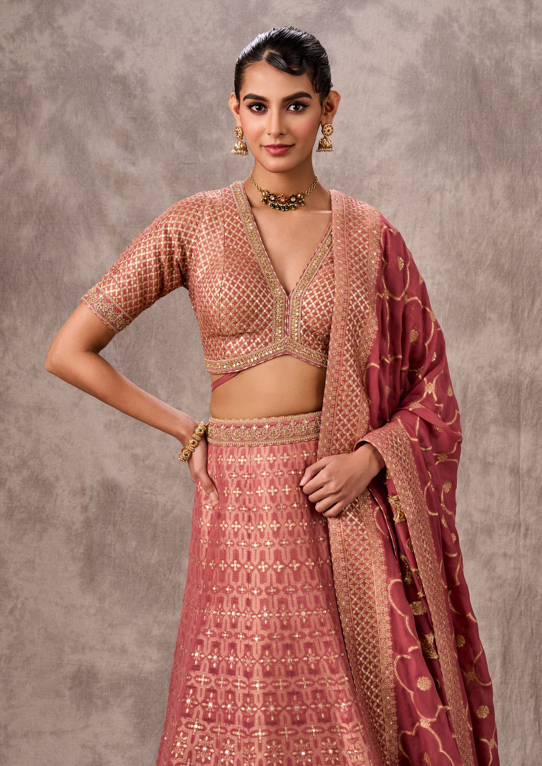 Twamev Women Dusty Pink Festive Elegance Lehenga