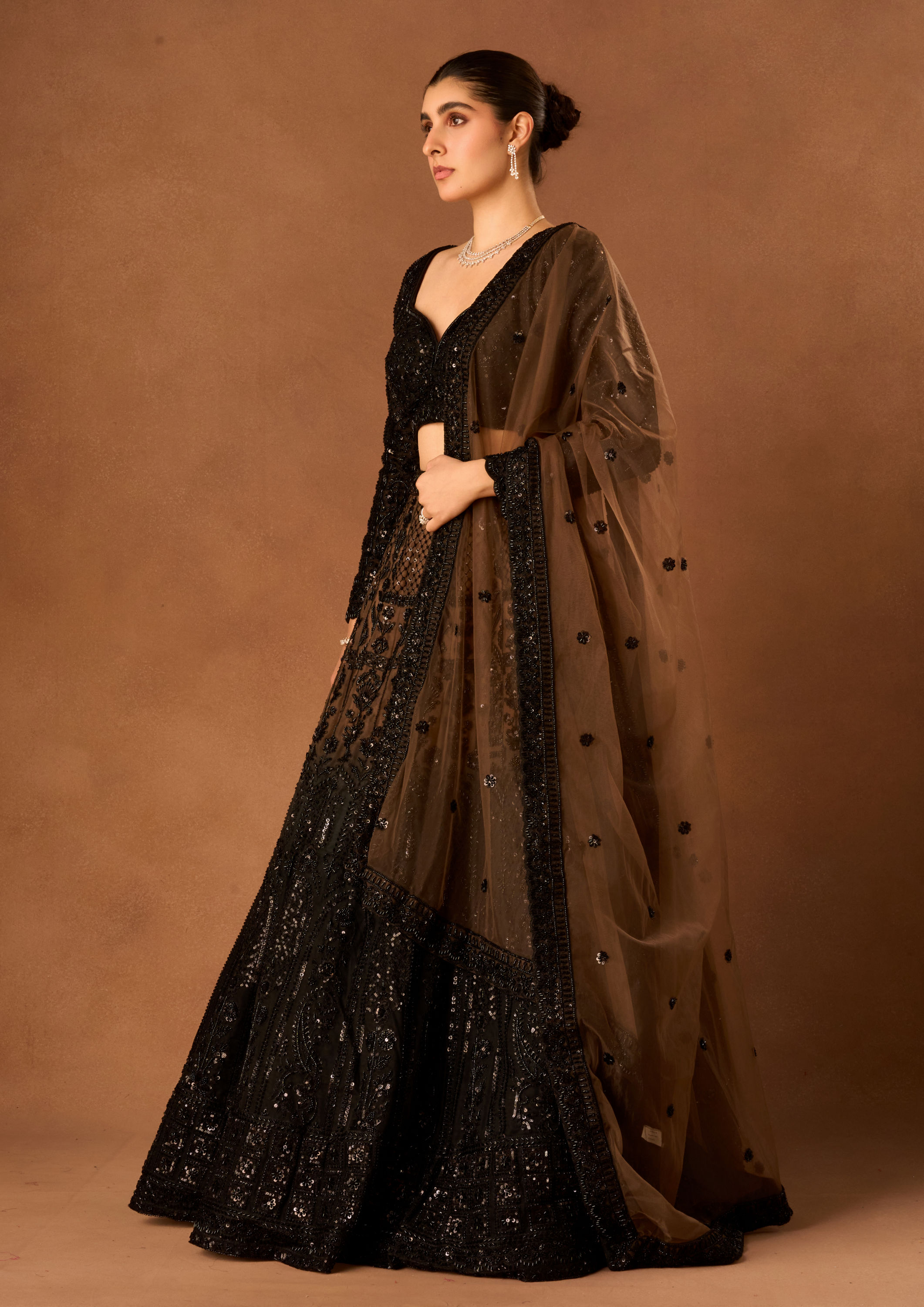 Twamev Women Black Net Lehenga with Embroidery
