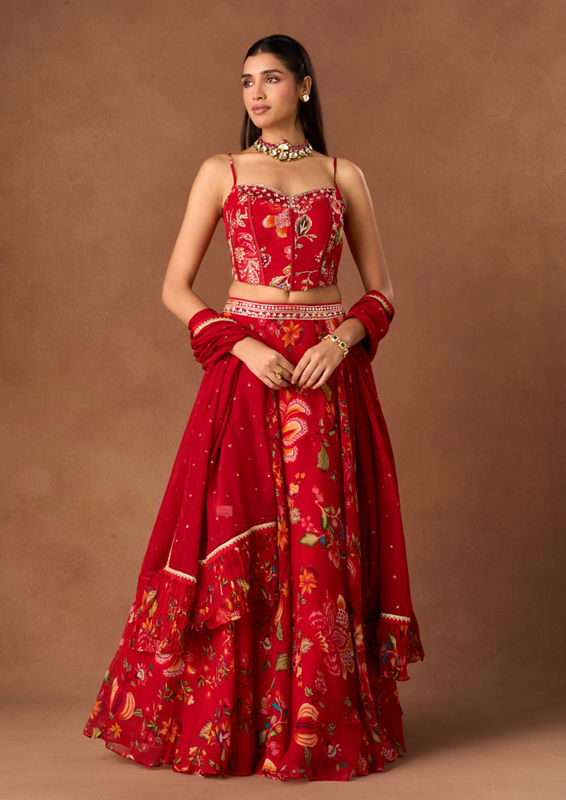 Twamev Women Red Chinon Lehenga with Embroidery