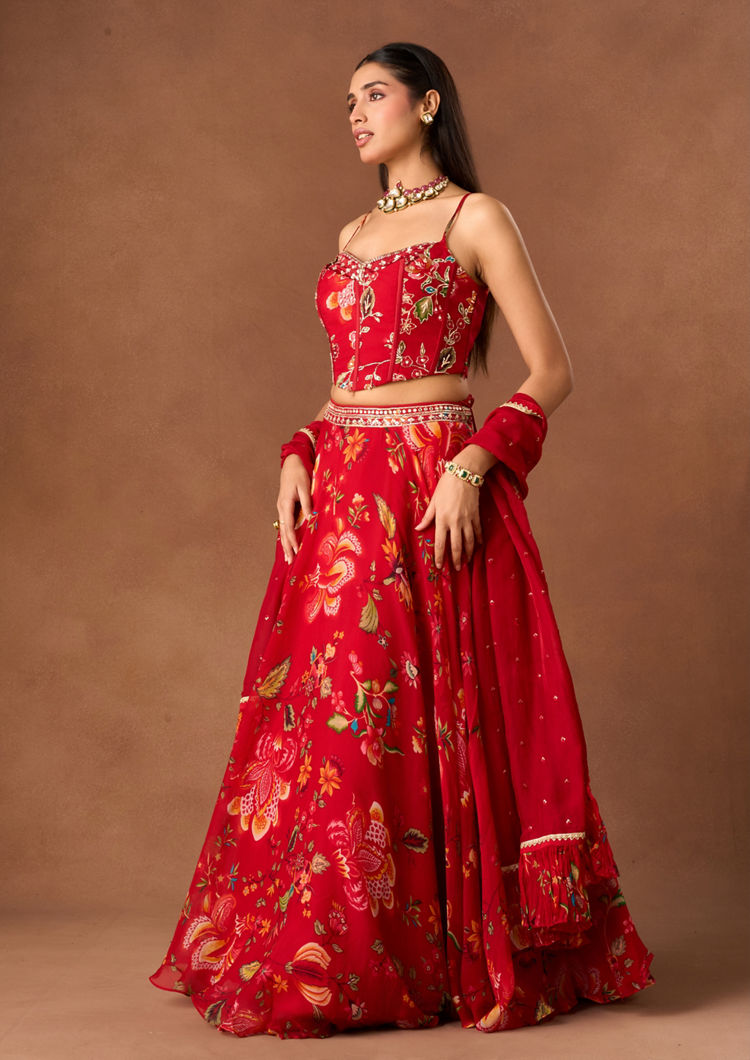 Twamev Women Red Chinon Lehenga with Embroidery