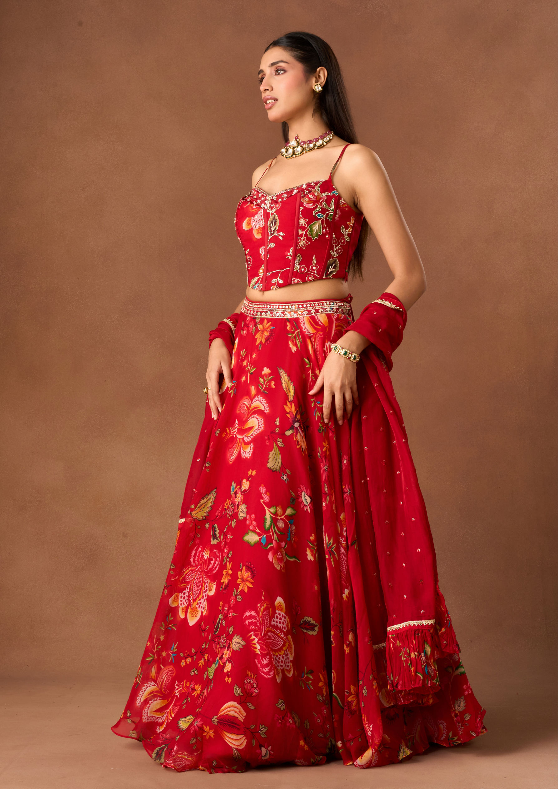Twamev Women Red Chinon Lehenga with Embroidery