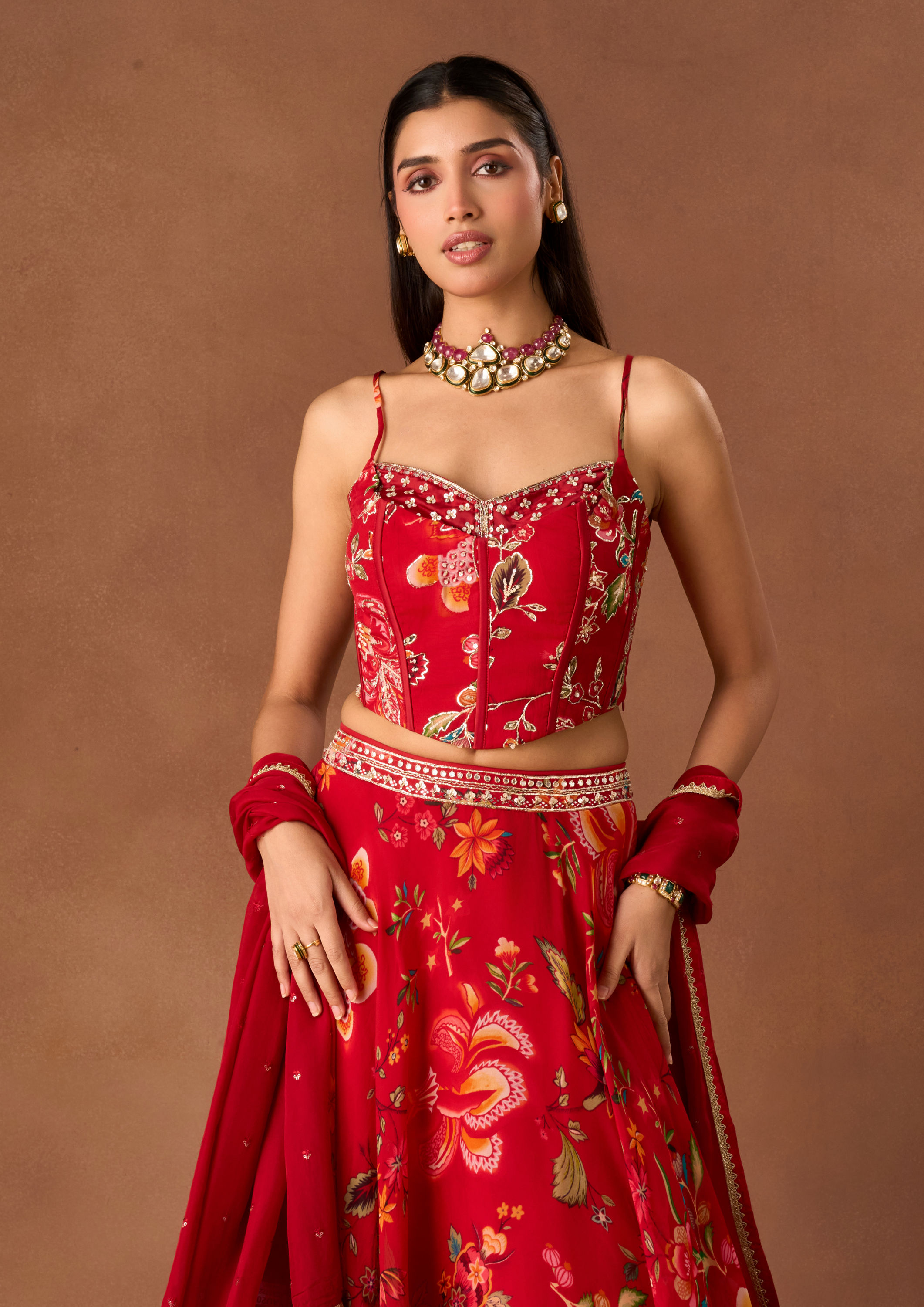 Twamev Women Red Chinon Lehenga with Embroidery