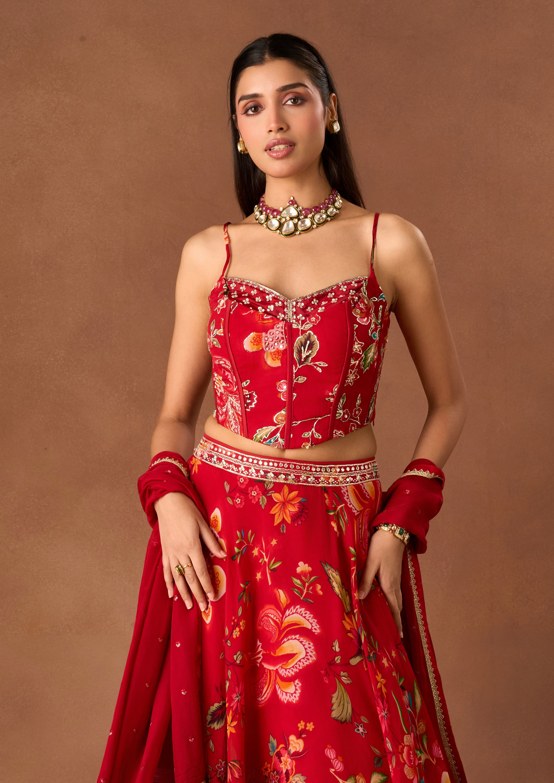 Twamev Women Red Chinon Lehenga with Embroidery