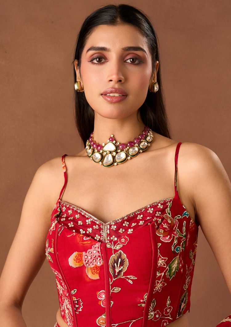 Twamev Women Red Chinon Lehenga with Embroidery
