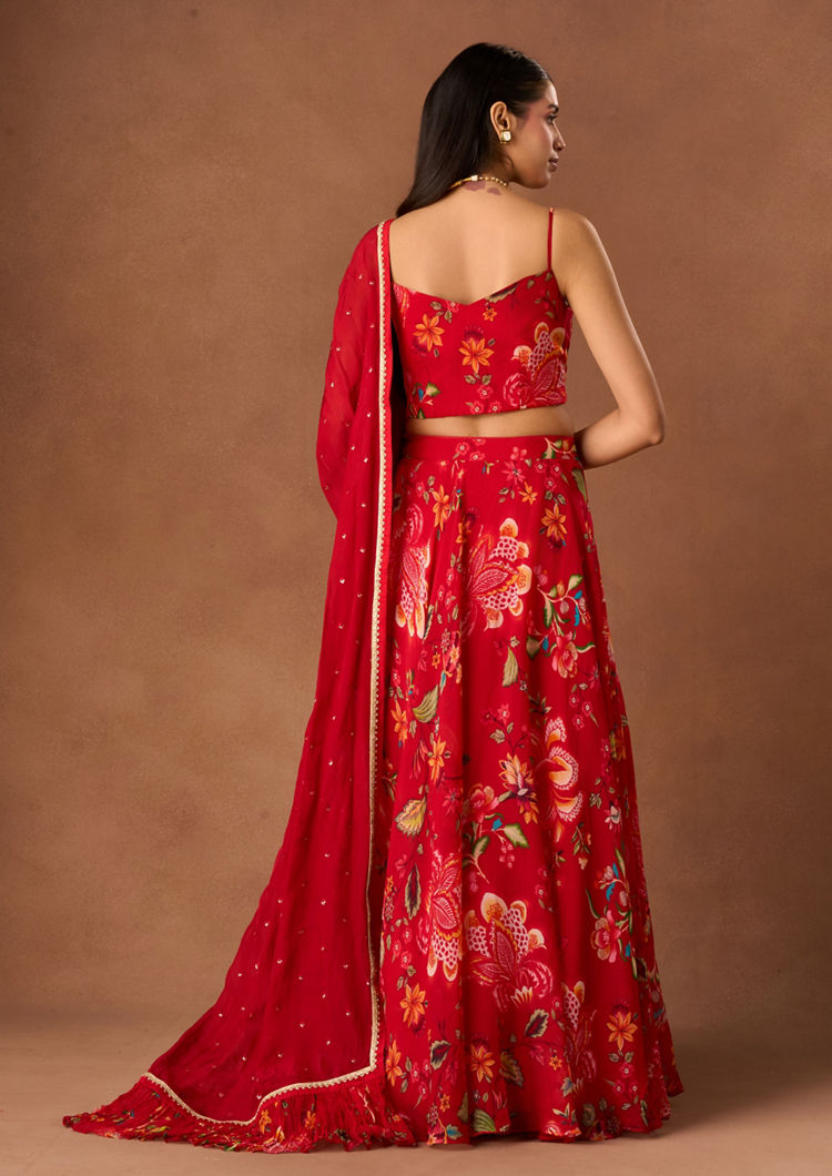Twamev Women Red Chinon Lehenga with Embroidery
