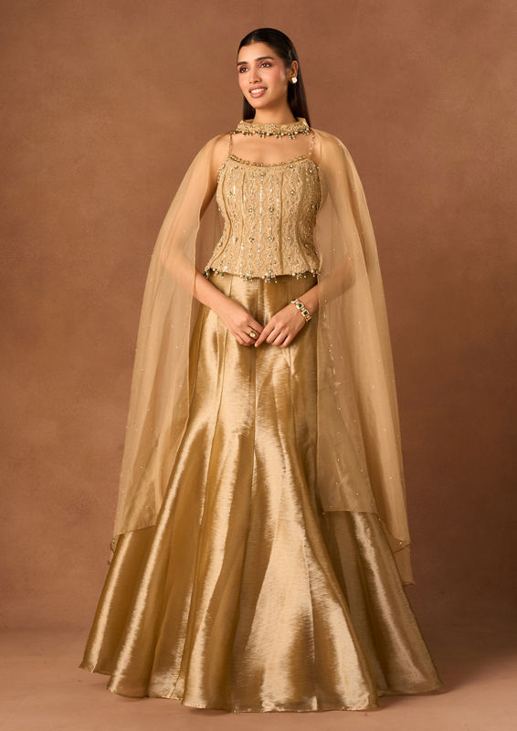 Twamev Women Gold Art Silk Lehenga with Embellished Corset