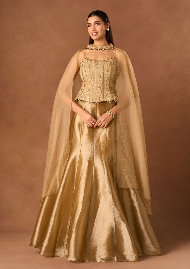 Twamev Women Gold Art Silk Lehenga with Embellished Corset