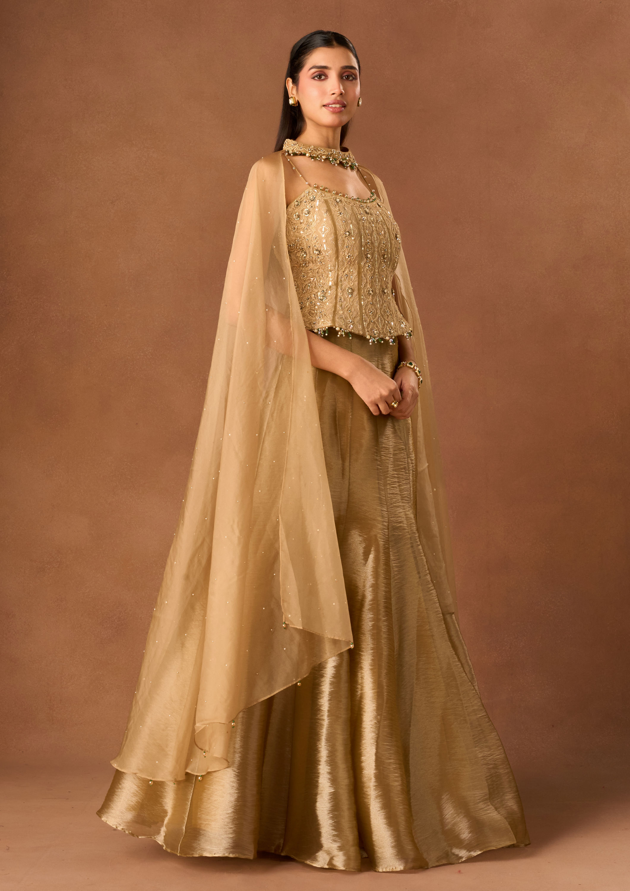 Twamev Women Gold Art Silk Lehenga with Embellished Corset