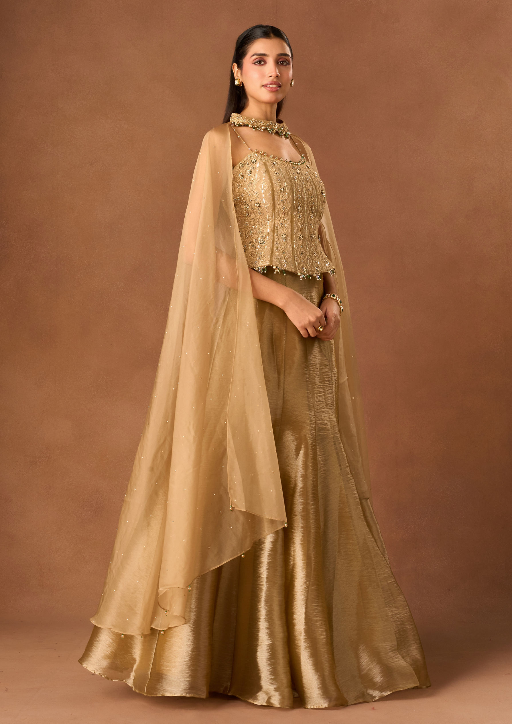 Twamev Women Gold Art Silk Lehenga with Embellished Corset