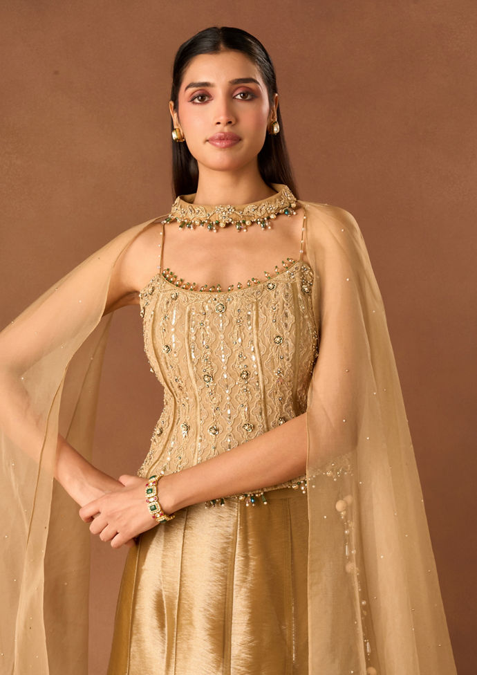 Twamev Women Gold Art Silk Lehenga with Embellished Corset