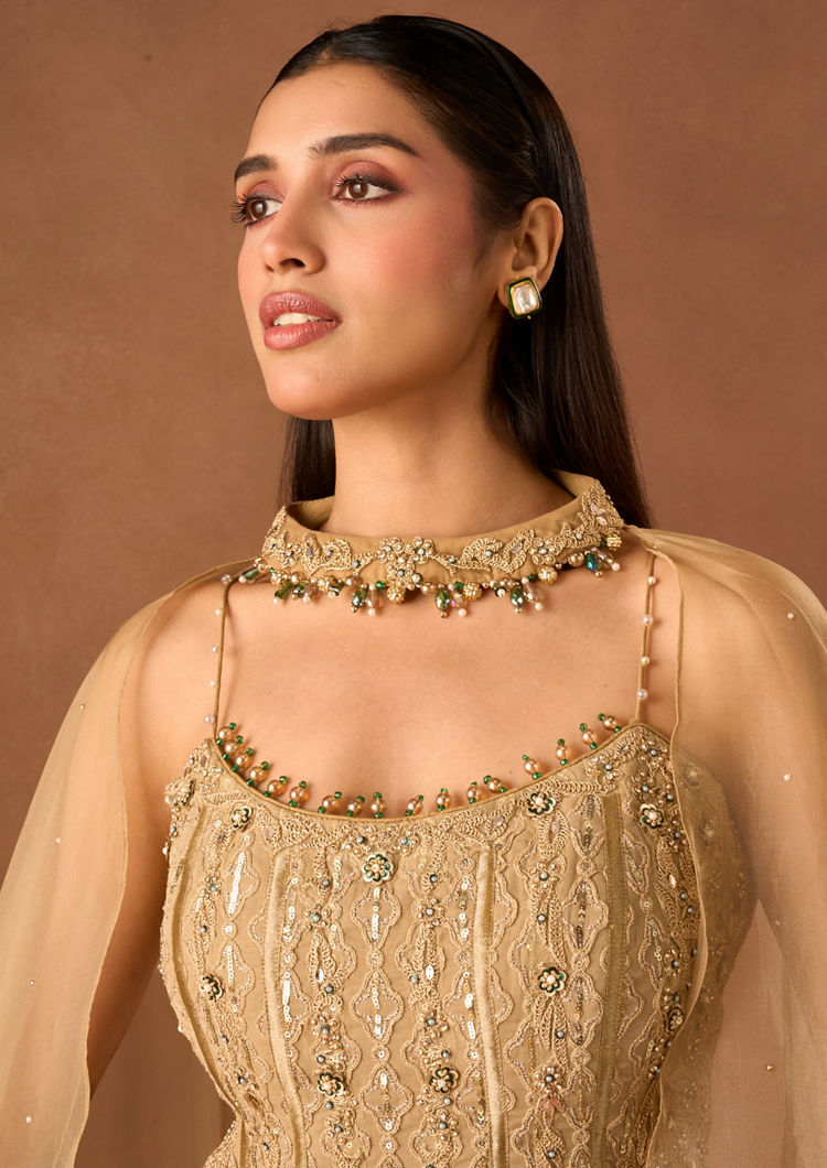 Twamev Women Gold Art Silk Lehenga with Embellished Corset