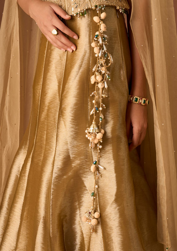 Twamev Women Gold Art Silk Lehenga with Embellished Corset