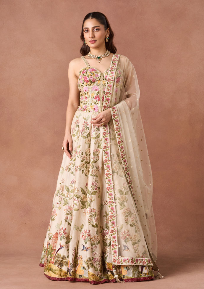 Twamev Women Ivory Threadwork Lehenga