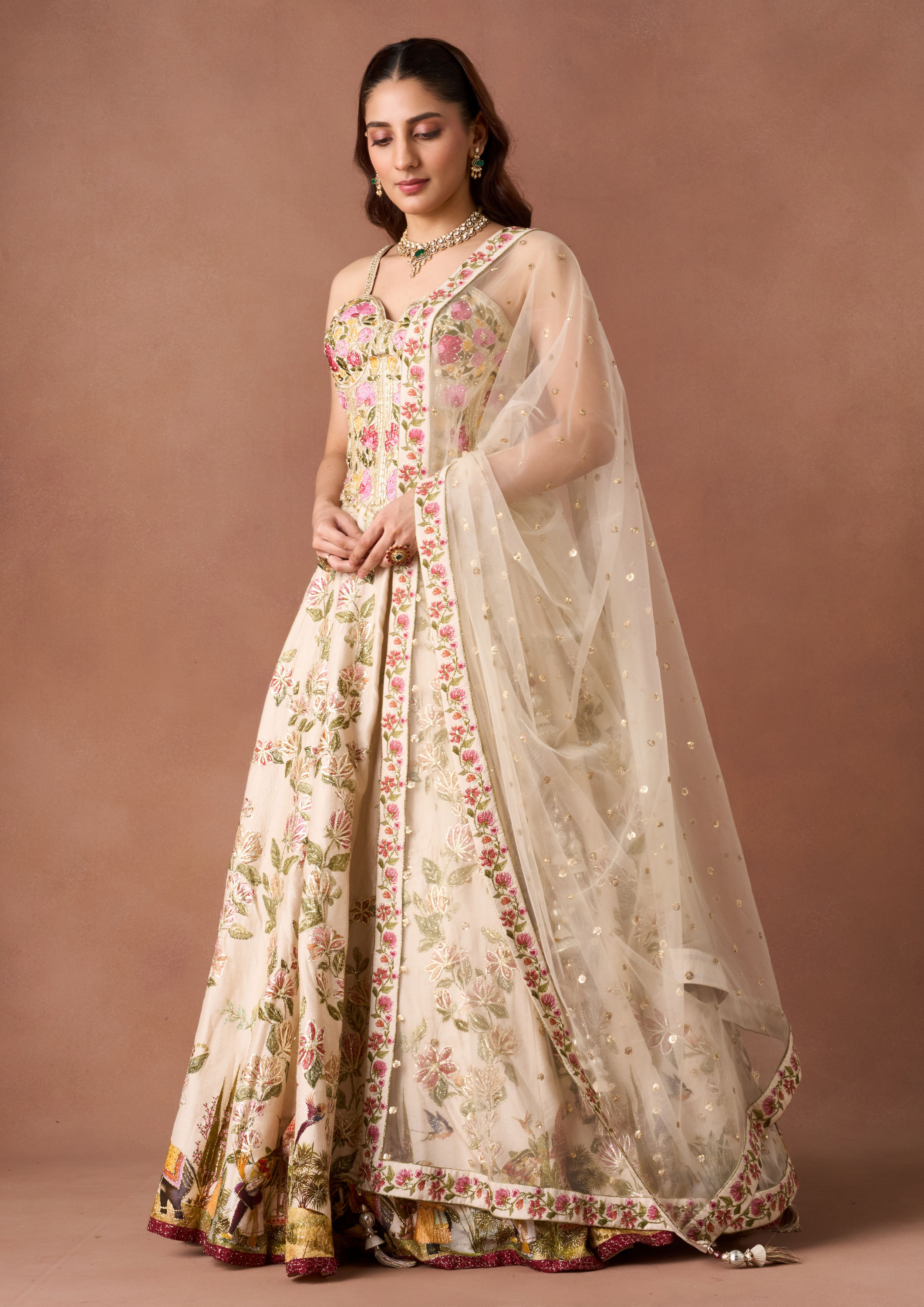 Twamev Women Ivory Threadwork Lehenga