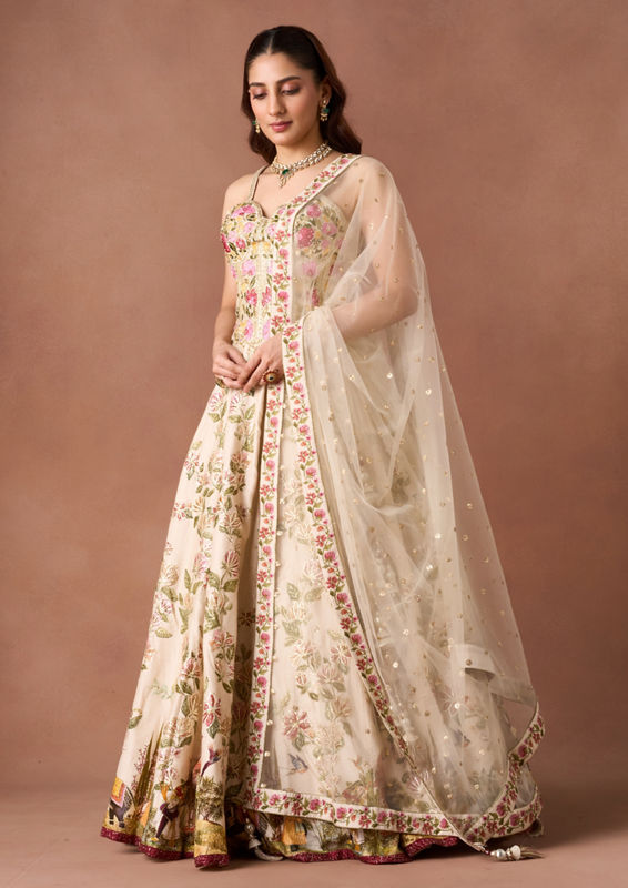 Twamev Women Ivory Threadwork Lehenga