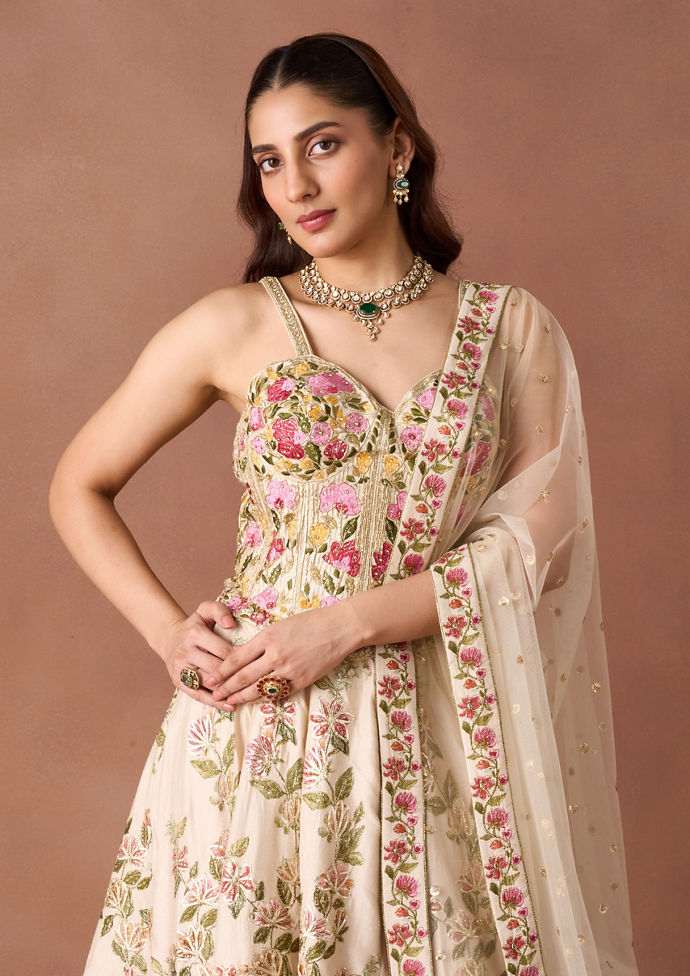 Twamev Women Ivory Threadwork Lehenga