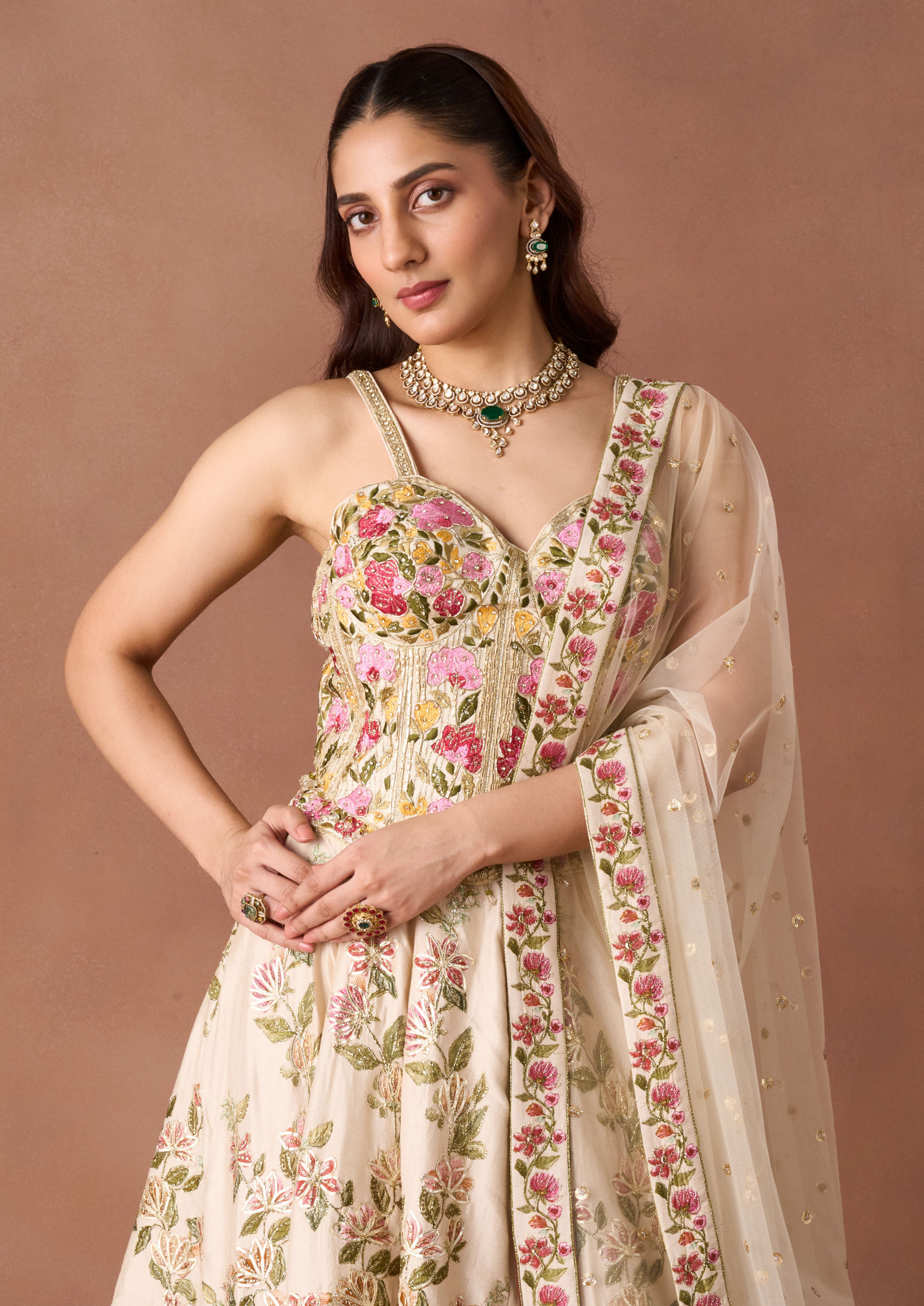 Twamev Women Ivory Threadwork Lehenga